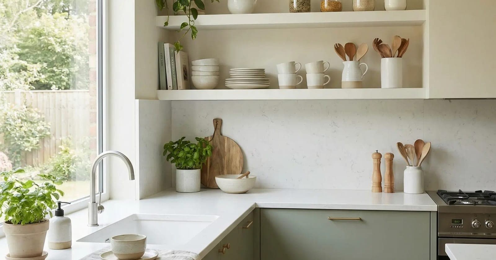 Cocina ordenada con encimera despejada y estantes abiertos