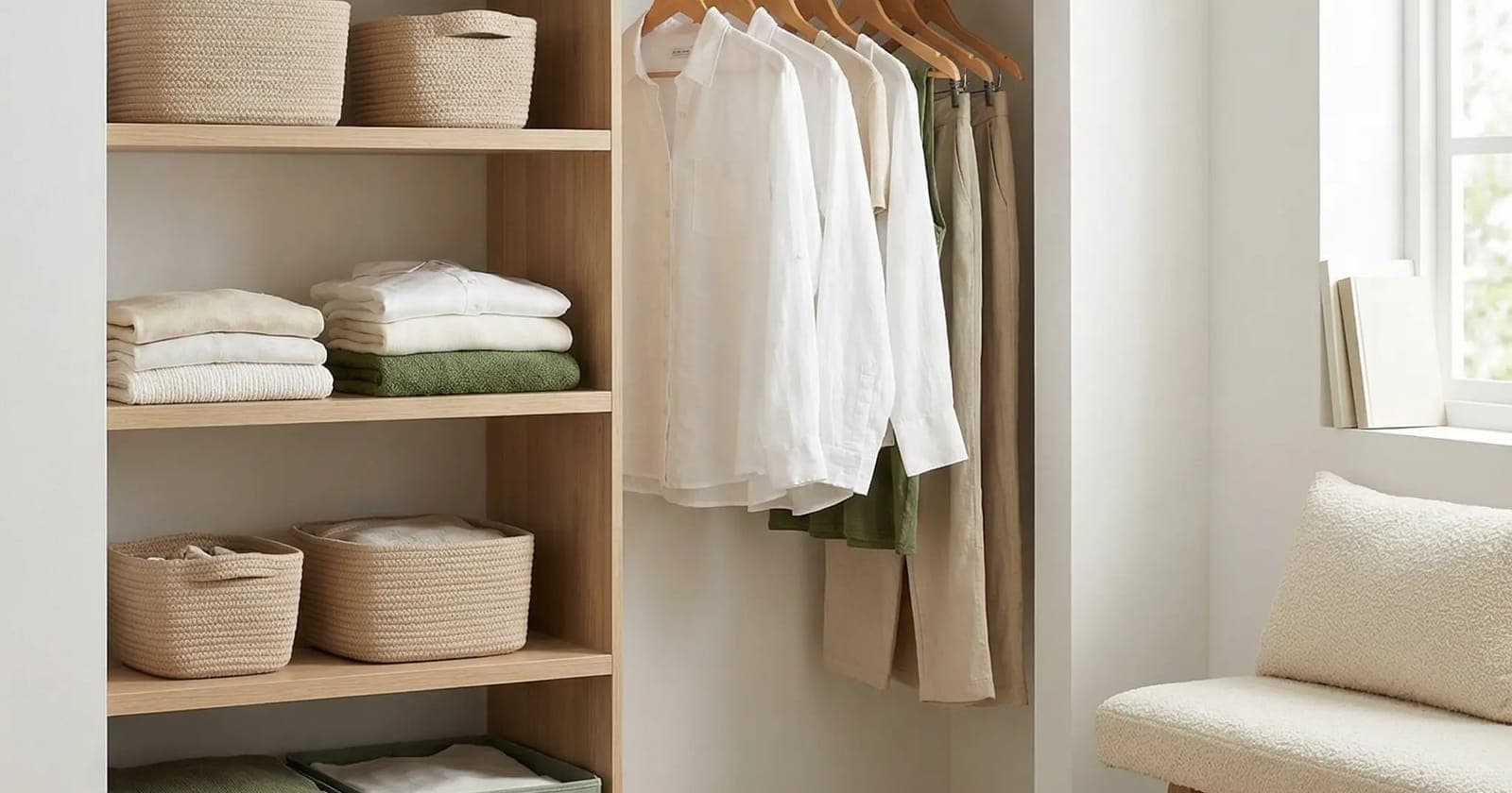 Armario organizado con ropa doblada, cestas y prendas colgadas
