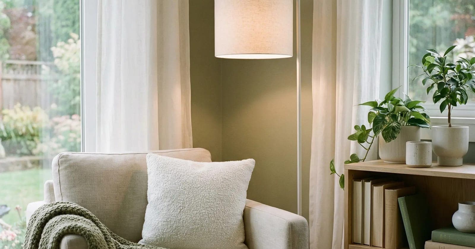 Rincón ordenado con sillón, lámpara y pequeña librería
