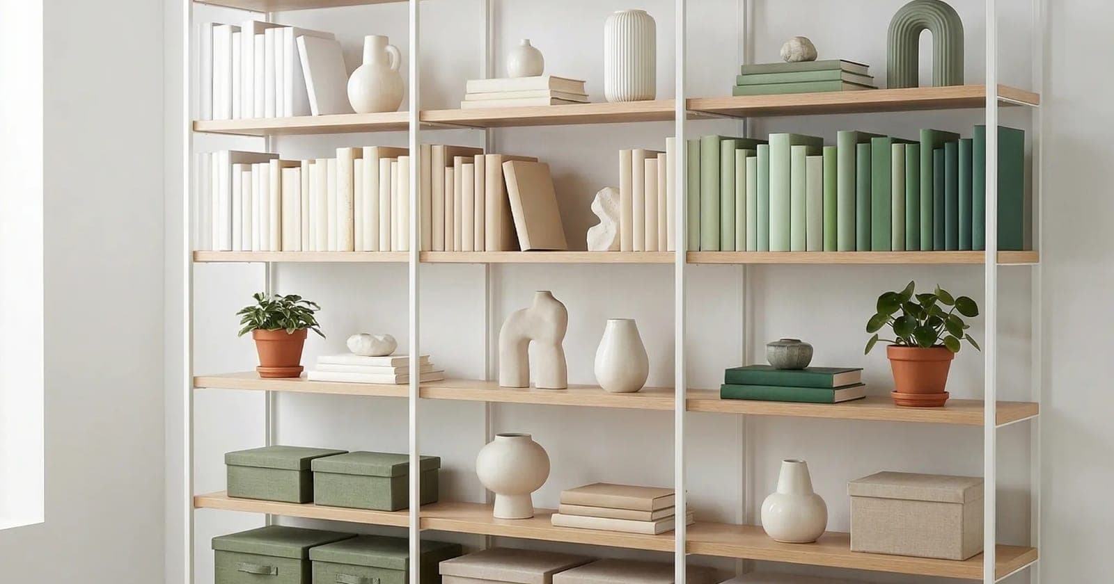Scaffale a giorno con libri, scatole e contenitori ordinati per ripiano