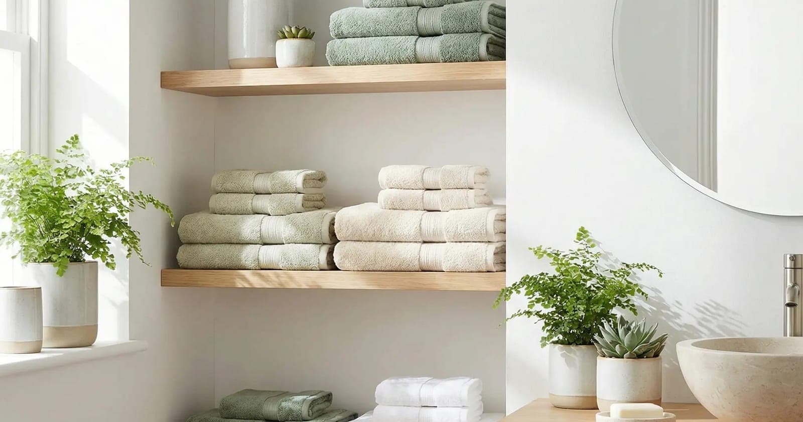 Bagno ordinato con asciugamani piegati sulle mensole