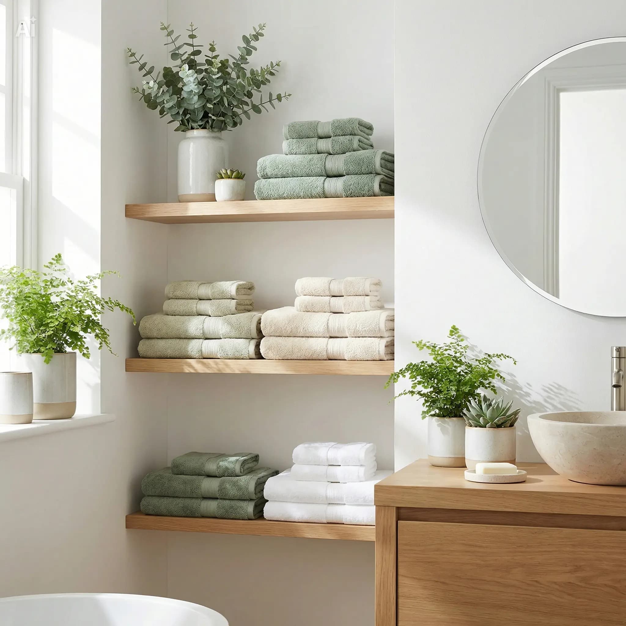 Bagno ordinato con asciugamani piegati sulle mensole